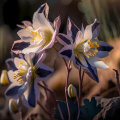 Purple and white columbine flowers bloom in springtime, spring flower