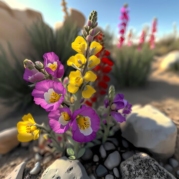 Snapdragon flowers blooming from rocks in spring desert, yellow pink purple white