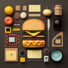 Illustration Hamburger Food. Knolling Concept. Generative Ai