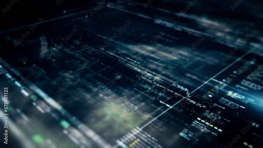 Aufkleber Futuristic abstract de-focus data matrix, meta, metaverse, telemetry and encrypt numbers display with particles simulation in cyber space environment for head up display background