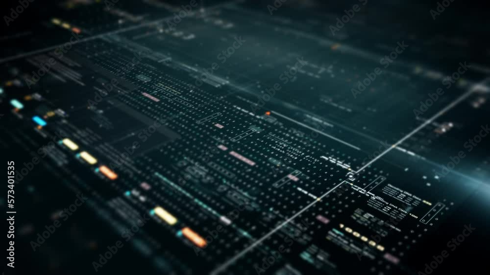 Aufkleber Futuristic abstract de-focus data matrix, meta, metaverse, telemetry and encrypt numbers display with particles simulation in cyber space environment for head up display background