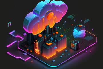 futuristic cityscape with sleek, modern buildings illuminated by neon lights. In the foreground, there is an abstract representation of cloud technology, Generative AI