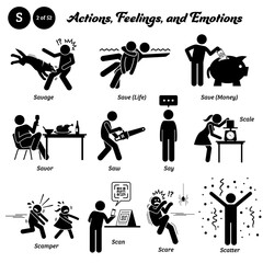 Stick figure human people man action, feelings, and emotions icons alphabet S. Savage, save life, save money, savor, saw, say, scale, scamper, scan, scare, and scatter.