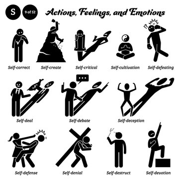 Stick figure human people man action, feelings, and emotions icons alphabet S. Self, correct, create, critical, cultivation, defeating, deal, debate, deception, defense, denial, destruct, and devotion