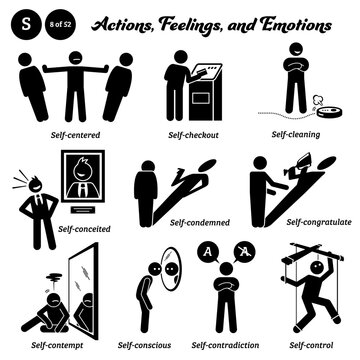 Stick figure human people man action, feelings, and emotions icons alphabet S. Self, centered, checkout, cleaning, conceited, condemned, congratulate, conscious, contradiction, and control.