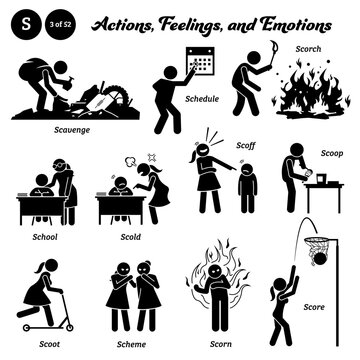 Stick figure human people man action, feelings, and emotions icons alphabet S. Scavenge, schedule, scorch, school, scold, scoff, scoop, scoot, scheme, scorn, and score.