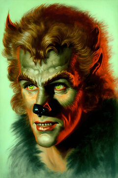 vintage golden age cinema painting of a werewolf, made with generative ai