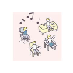 音楽が流れる部屋。楽しむ人々がいる