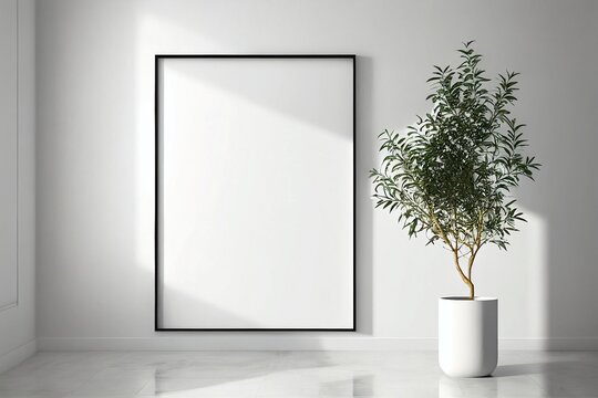 A black frame in portrait orientation in a minimalist light and bright white room with a potted plant