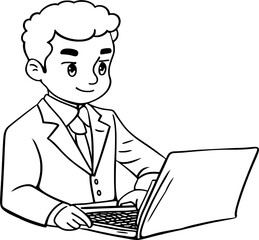 Black and white vector drawing of a businessman working on a laptop