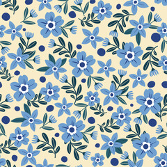 Blue blossom and green leaf with ornament seamless pattern