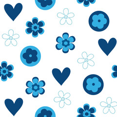 Fototapeta na wymiar Blue flower and heart on white background seamless pattern