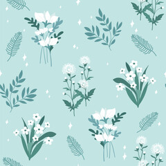 White flower and green leaf on light blue background seamless pattern