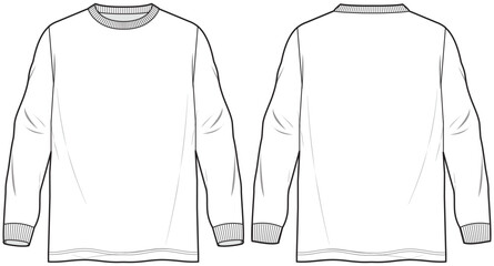 mens crew neck long sleeve oversized t shirt flat sketch vector illustration technical cad drawing template