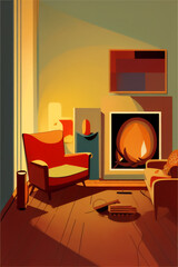interior of a modern living room with a fireplace cartoon illustration generative AI