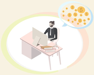 Working from home. Thinking to make money. Flat vector style.