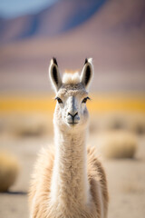 Llama Alpaca in South America Chile Peru Atacama Desert looking at the camera  