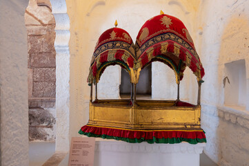 Jodhpur, Rajasthan, India - 19th October 2019 : Elephant Howdah, wooden frame seats for Maharajas, at Mehrangarh museum. King used to travel in this palanquin carried by elephants in ancient times.