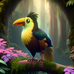 3d cute bird on a branch, toucan, AI Generated 