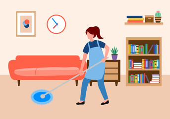 Housewife or maid cleaning floor in living room flat design.