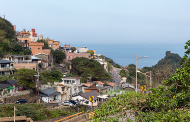 City and Ocean View At The Golden Waterfall And Lush Mountain in Taiwan