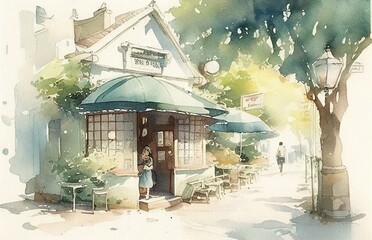 Outside of a Coffeeshop in Light Watercolor 2. Generative AI