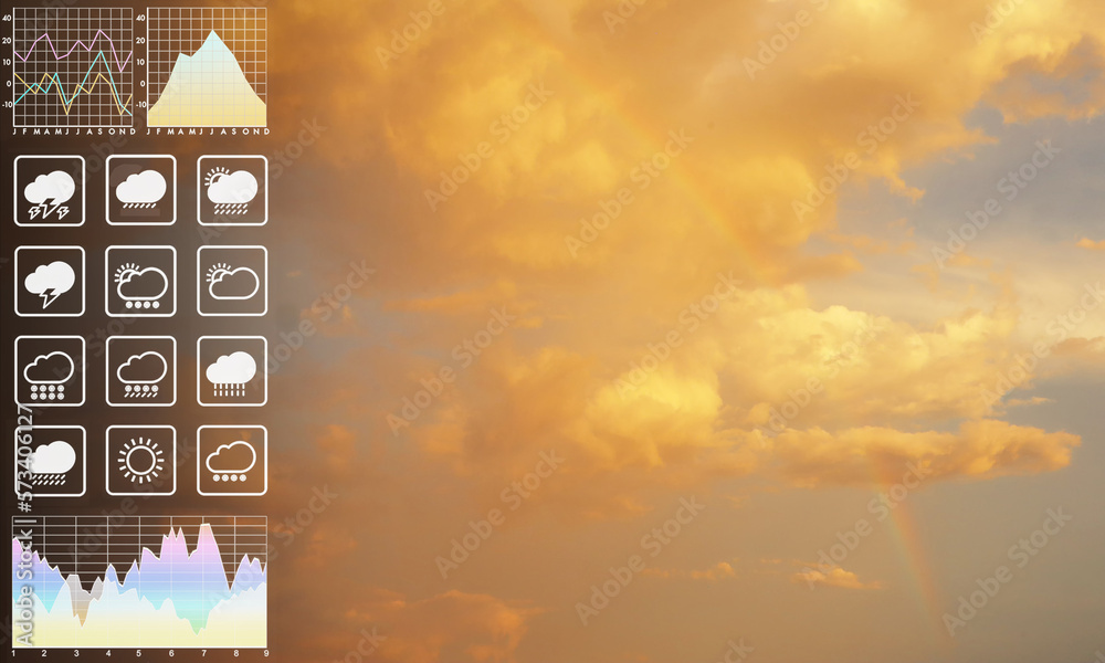 Wall mural weather forecast symbol data presentation with graph and chart on dramatic atmosphere panorama view 