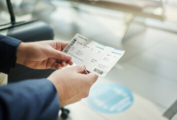 Plane ticket in hands, travel and person at airport, waiting on flight for business trip, check in and boarding. Closeup, .professional conference or convention with travelling for work and journey - obrazy, fototapety, plakaty