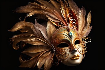 Venetian carnival mask. Gold color, colored feathers. Happy carnival festival, attributes of the Brazilian carnival. Venetian carnival mask and beads decoration. Mardi gras background. Generative AI