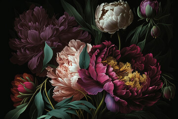 Baroque flowers in rich deep colors, peonies on dark background, generative AI