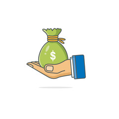 Graphic vector illustration of a hand holding money in a sack or bag designed in simple flat cartoon style isolated on white background. Finance icon, donate icon. Business or finance concept icon