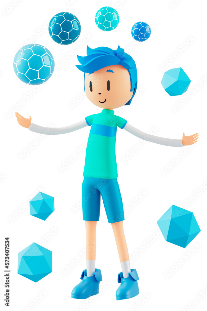 Wall mural 3d boy cartoon character in action. 3d illustrator. sport activity. exercise fitness pose. workout training lifestyle. man player. technology VR connection. gym outdoor. cyberspace object concept.3d b