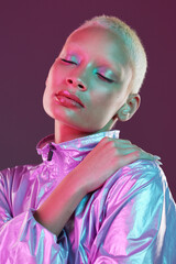 Holographic fashion, woman face and makeup glow for hologram trend isolated in studio. Futuristic,...