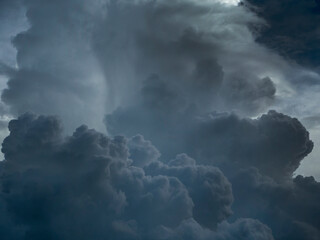 Dark thunderstorm clouds rainny landscape. Meteorology danger windstorm disaster climate. Dramatic dark storm thundercloud rain clouds on black sky background.Dark cloudscape storm disaster gray sky