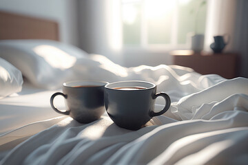 Coffee cups in bedroom with morning light from a window. Generative AI