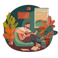 Ilustración vector de musico guitarrista sentado en su habitación rodeado de plantas tocándo la guitarra acustica.