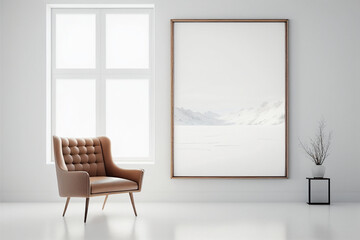 A tan gold frame in portrait orientation for showcasing art as a graphic resource in a bright white room with a tan leather chair modern minimalist