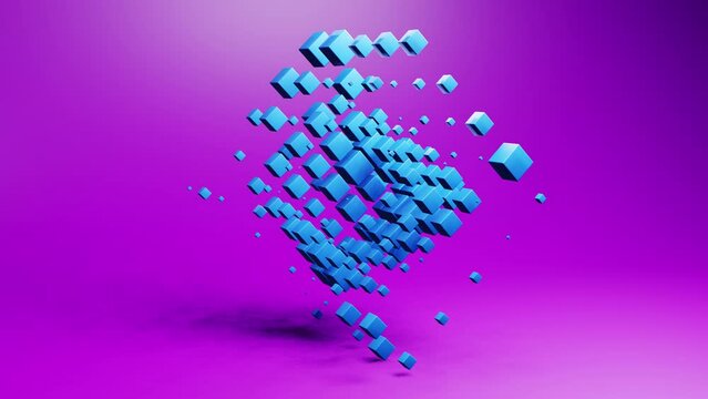 Bright color cube geometric shape transformation made of cubes, motion graphics background. Techno 3d looping video animation