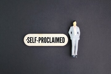 miniature people with self-proclaimed words. the concept of self-enhancement