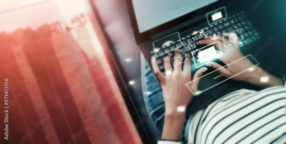 Aufkleber top view, laptop or hands on search engine browser, 3d abstract networking or iot home research. wom