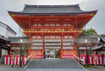 Colorful Buddhist temple building architecture of the Yasaka Shrine in Kyoto Japan