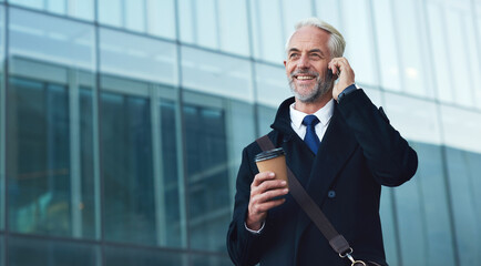 City, phone call and smile, mature businessman or lawyer outside law firm, successful legal advice discussion. Ceo, man or happy boss with coffee, 5g and smartphone, crm or networking conversation.