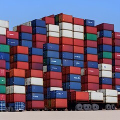 Fototapeta premium Container cargo ship and trucks of industrial freight for shipping