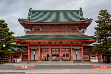 Colorful Orange Buddhist Temple building Structure at Heian Shrine in Kyoto Japan