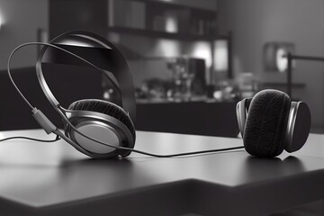 Plakat headphones on a table. ia generative. Generative AI