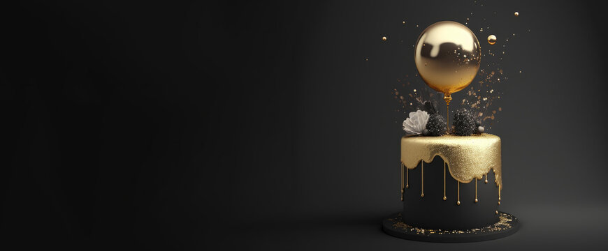 Luxurious Birthday Celebration Themed Minimalist Black Cake With Golden Icing Topped With Flowers And Balloon Surrounded By Sprinkles Of Gold On Black Background Generative Ai Web Banner Size