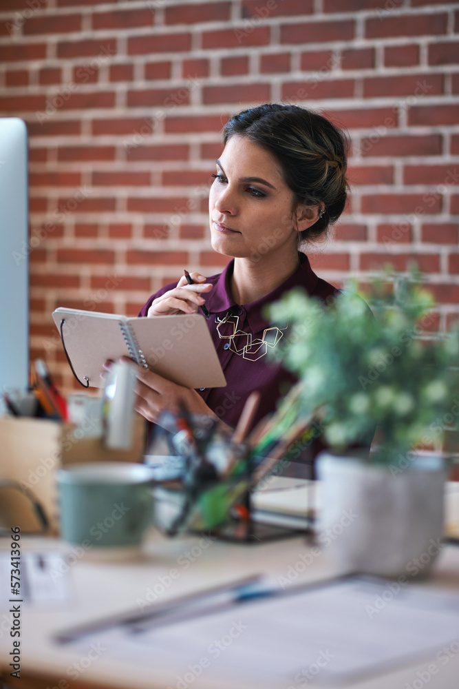 Poster Business woman, notebook and thinking of employee with web design planning. Digital designer, working and worker with notes at a office desk with ideas for website and ux project for startup