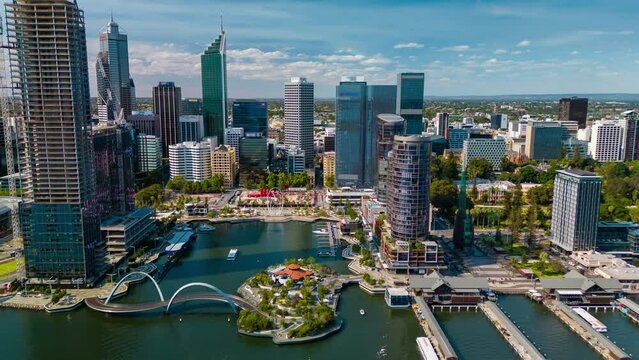 Aerial hyperlapse, dronelapse video of Elizabeth Quay of Perth city in daytime