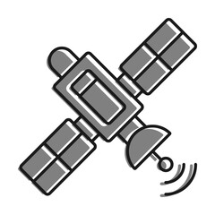 Linear filled with gray color icon. Satellite Fly And Transmit Communication Signal. Satellite Communication And Gps Navigation. Simple black and white vector