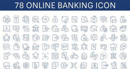 Online banking thin line icons set. Credit card, online transaction, check balance, mobile support, blockchain, deposit app, money safety, internet bank, contactless payment, Vector illustration
